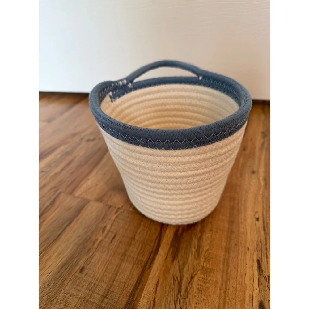 Handmade Cotton Rope Hanging Basket Cream Blue Coiled Woven Storage Decor 6in